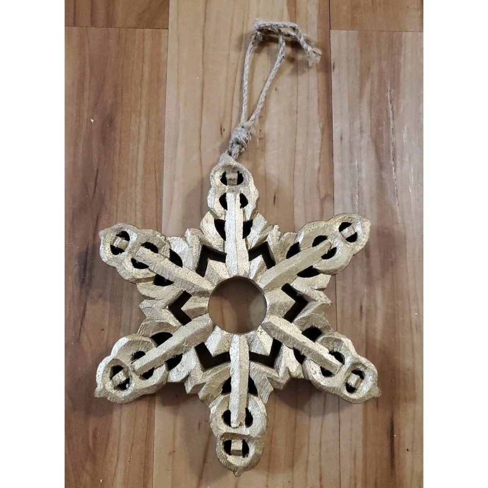 Hanging Wooden Snowflake Rustic Winter Christmas‎ Holiday Gold